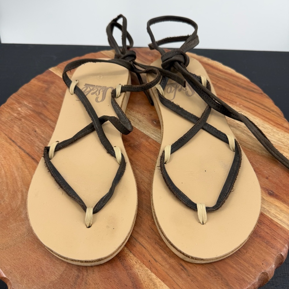 Sseko black Ribbon‎ Sandals wrap tie ankle sz 6